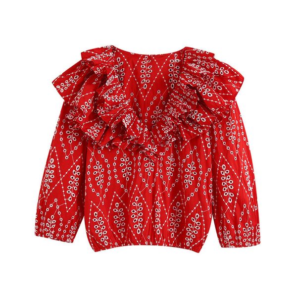 

women red hollow out embroidery ruffles blouses fashion v neck three quarter sleeve female shirts blusas chic 210430, White