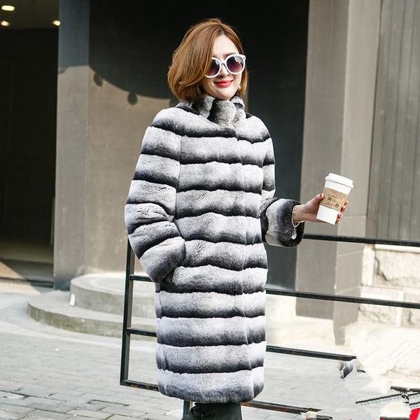 

winter women natural real rex skin fur coat long section women's & faux, Black
