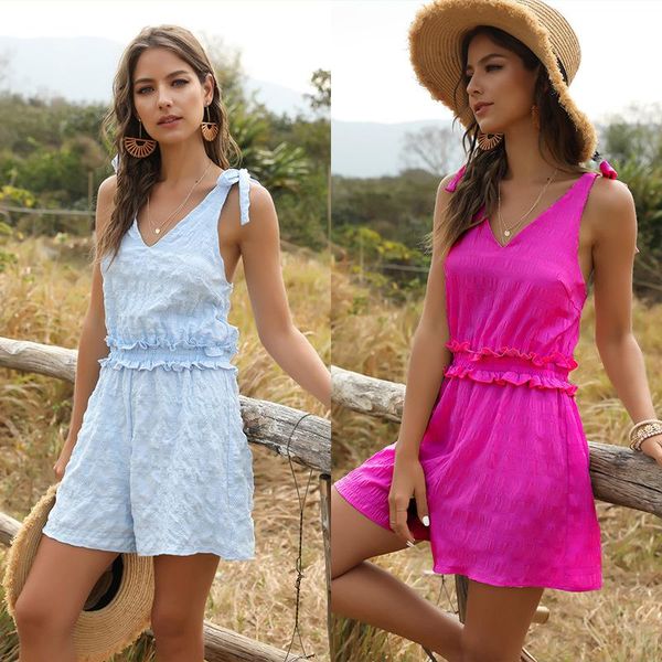

women's jumpsuits & rompers playsuit women summer 2021 elegant beach party deep v-neck overall bohemian boho wide leg shorts spring, Black;white