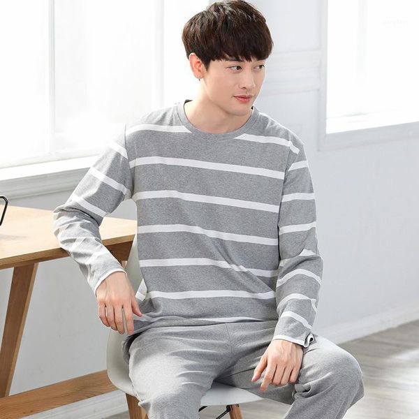 

men's sleepwear 2021 autumn casual striped long sleeve cotton pajamas sets for men korean suit pyjama homewear loungewear home clothes, Black;brown