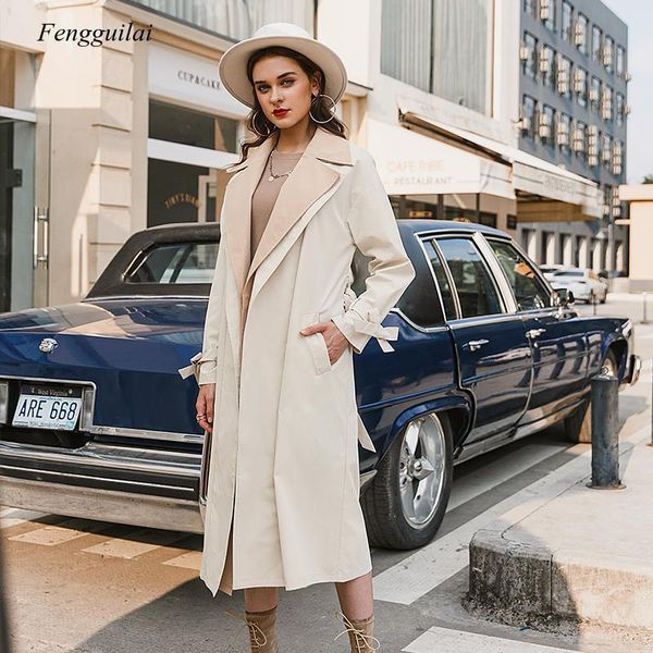 

elegant apricot autumn winter women wind coat office lady lace up female trench causal straight fashion long women's coats, Tan;black