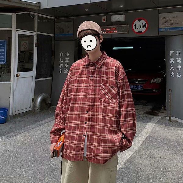 

spring autumn plaid shirt men korean fashion loose casual harajuku streetwear retro wild long-sleeved men's shirts, White;black