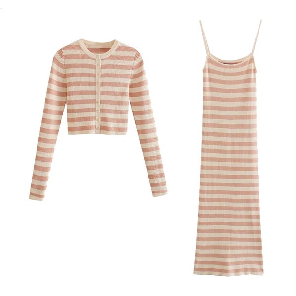 

suits 2021 women two striped knitted cropped cardigan & sling fashion casual cozy woman 2 piece set outfits, Black