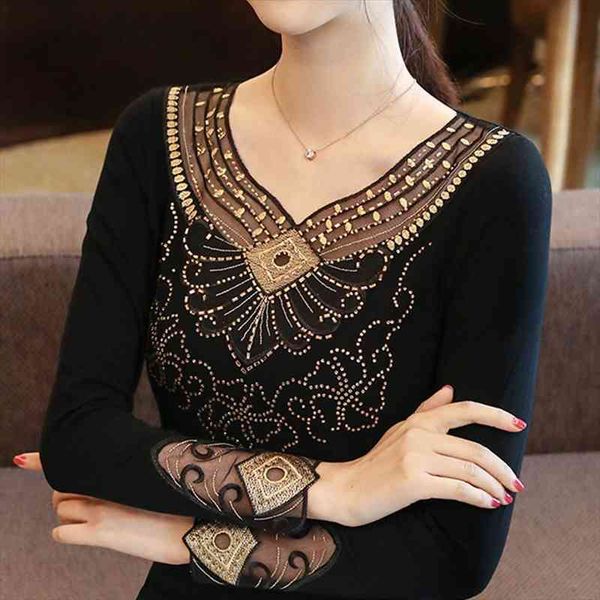 

autumn fashion embroidery drilling long sleeve women blouse casual plus size elegant blouses femme blusas, White