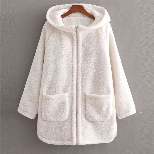 

women autumn winter fleece jackets warm coats hooded casual zipper solid female street thick outerwear overcoat clothing 210513, Black;brown