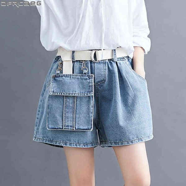 

women's shorts summer plus size denim for women casual elastic loose wide leg jean pocket with belt blue black short femme aqnf, White;black