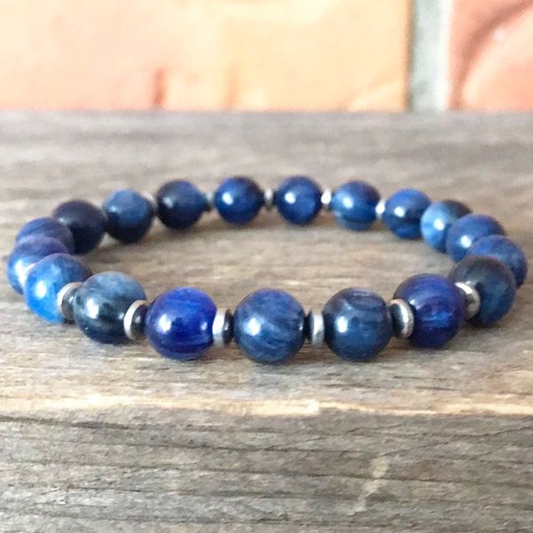 

mg0912 8 mm grade blue kyanite energy men`s bracelet natural gem stone spirituality meditation jewelry, Black