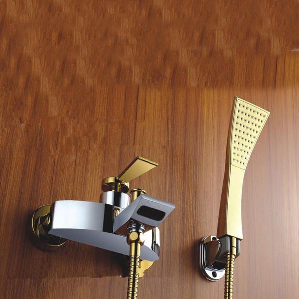 

polished chrome brass luxury wall mounted rain & waterfall bathroom mixer bath shower faucet set with hand single handle sets