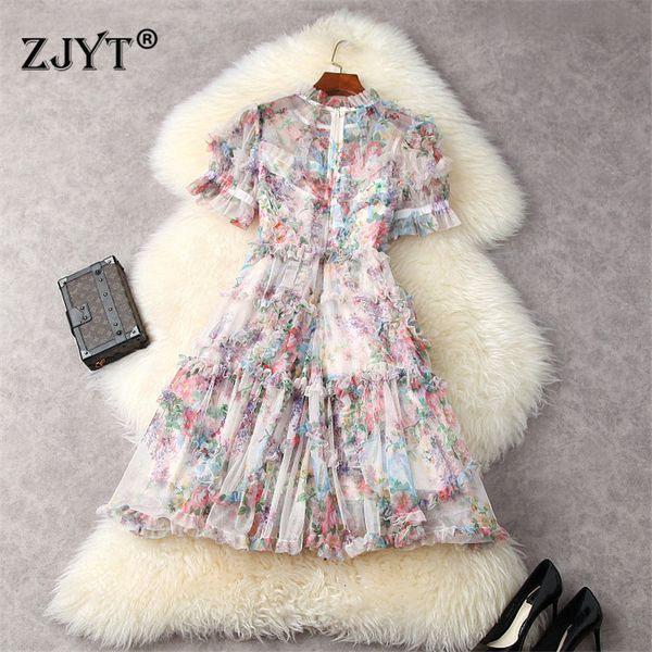 

two piece dress superior summer quality elegant short floral sleeve printed luxury cascade plissado mesh mini ball dressed as a party girl x, White