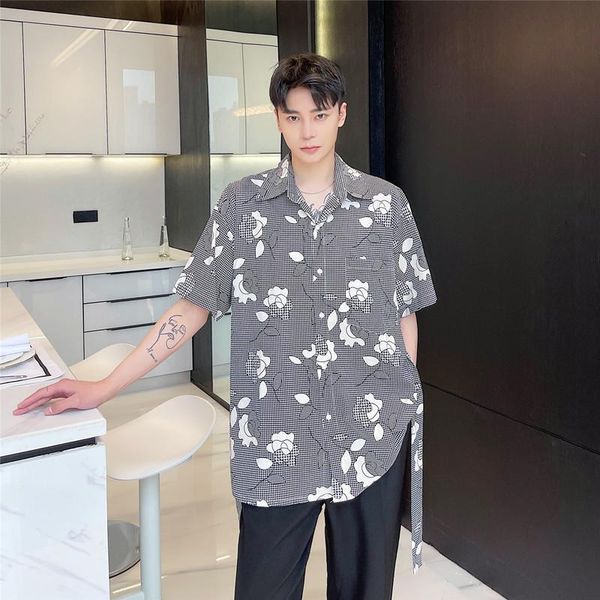 

male japan harajuku korean streetwear shirts men's vintage printed short sleeve belt loose casual shirt man summer, White;black