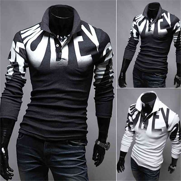 

men's polo shirt letter printed long sleeve slim bottom spring and autumn t- men, White;black
