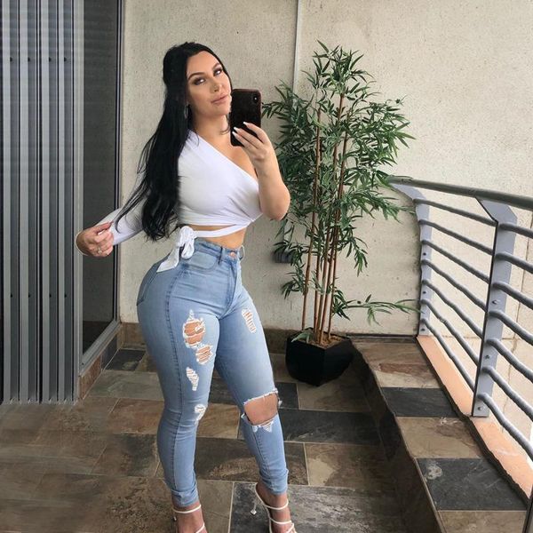 

women's jeans fashion slim high waist elastic big hole pencil feet women, Blue