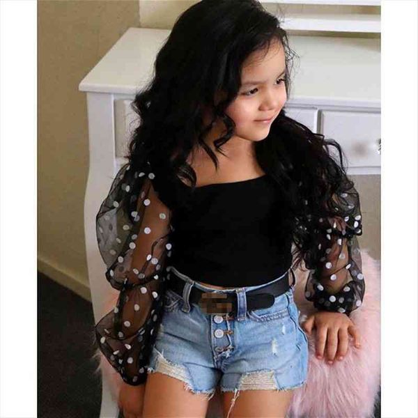 

fashion children clothes sets kids baby girls mesh sheer puff long sleeve blouse denim shorts jeans outfits tracksuit 1-6y, White