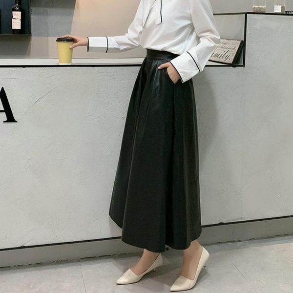 

elengant fashion high waist pu leather a-line skirt women black midi skirts ol office ladies solid pleated mujer faldas