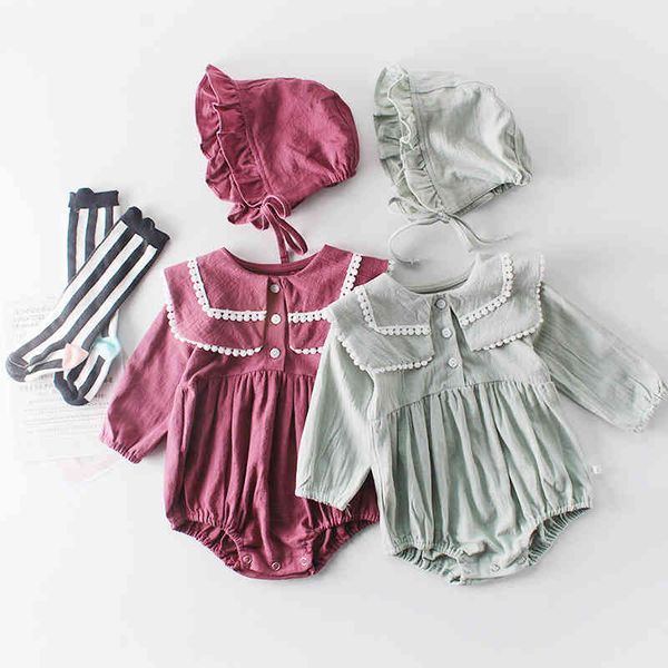 

spring baby girls bodysuits lapel long sleeve jacket cotton jumpsuit crawling cap clothes 210429, Blue