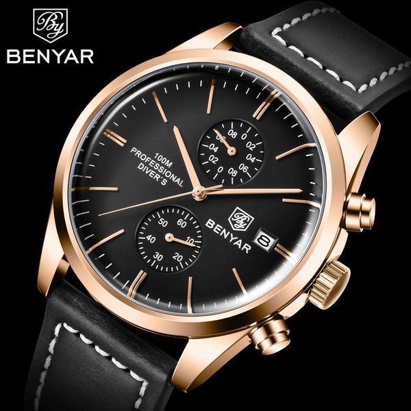 

wristwatches benyar design brand watch men's leather sports timepiece luxury military quartz 100m automatic waterproof clock, Slivery;brown