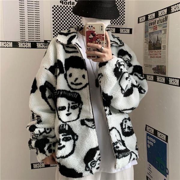 

women's jackets oversized harajuku coats women cute cartoon printing sweatshirt vintage 90 lazy bf style jacket lambswool keep warm zip, Black;brown