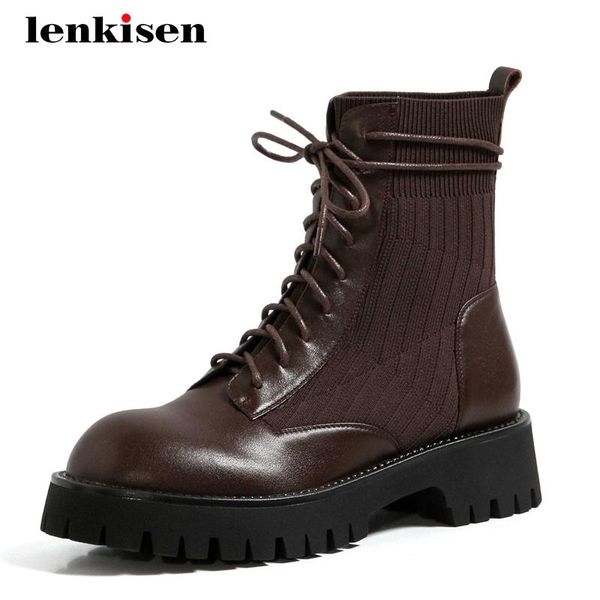

boots lenkisen knitting natural leather recommend preppy round toe thick med heel lace up beauty lady daily wear ankle l36, Black