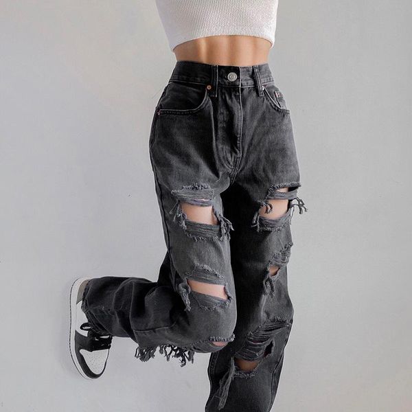 

women's jeans vintage ripped hole women baggy cut out high waist denim pants summer korean y2k streetwear fashion straight, Blue