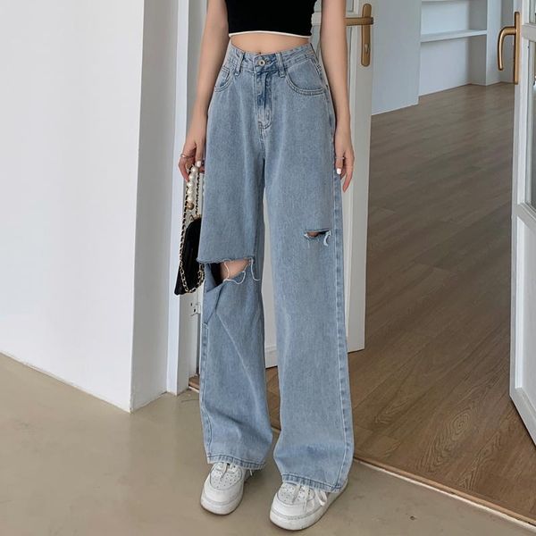 

women's jeans children's summer thin loose wide leg pants spice girl hole high waist straight tube floor dragging in early, Blue