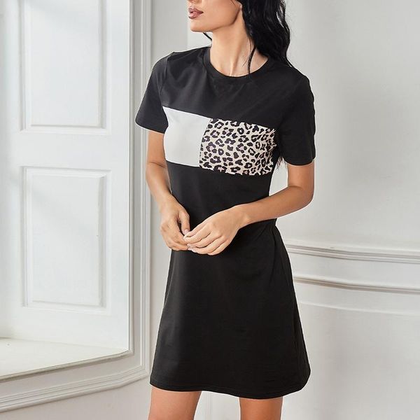 

casual dresses summer women dress print leopard short sleeves loose female patchwork beach party femme vestido de mujer, Black;gray