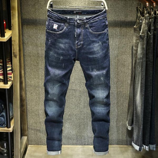 

men's fashion trend jeans causal washed trousers slim straight denim pants, Blue