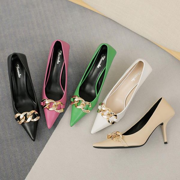 

dress shoes 2021 high heels women fashion pointed toe metal chain work vintage elegant shallow party pumps zapados mujer, Black