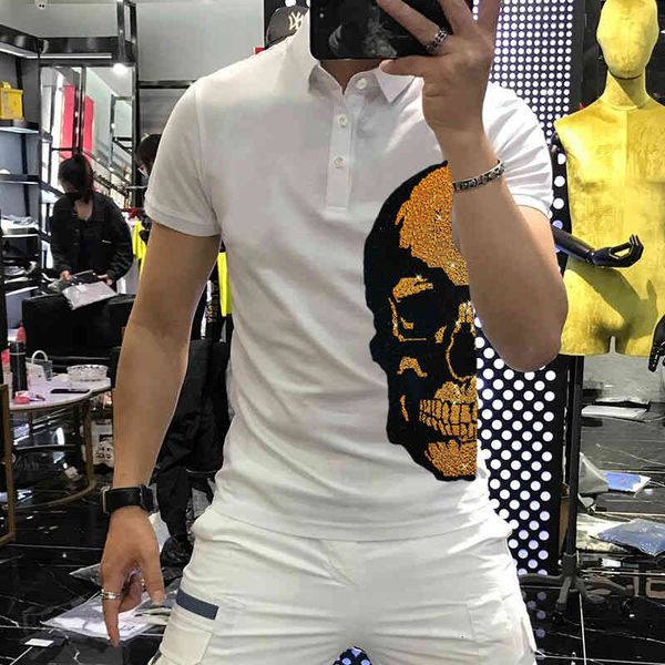 

men's t-shirts korean slim shining skull diamond shirt comfort fast short sleeve gradient reflective lapel polo ih48, White;black
