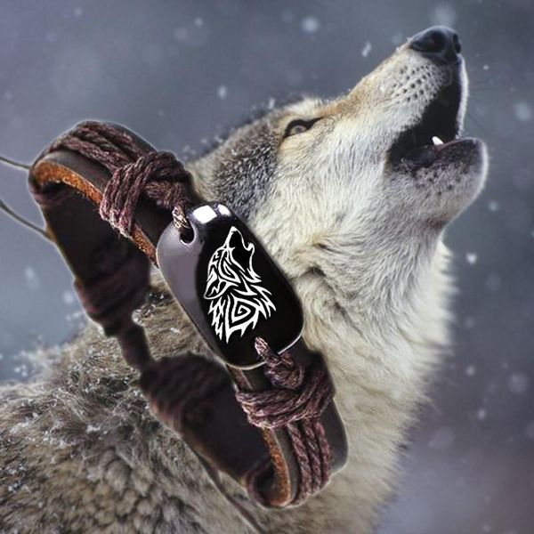 

charm bracelets vintage braided woven rope leather bracelet wolf logo for women man fashion jewelry, Golden;silver