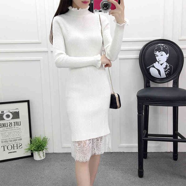 

casual dresses winter female fashion thermal knitted ruffles turtleneck lace knee-length sweater ladies slim fit bodycon jumper xs, Black;gray