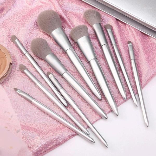 

fashion 10pcs silvery makeup brushes sets foundation soft cosmetic eyebrow eyeshadow eyeliner lip brush tools1
