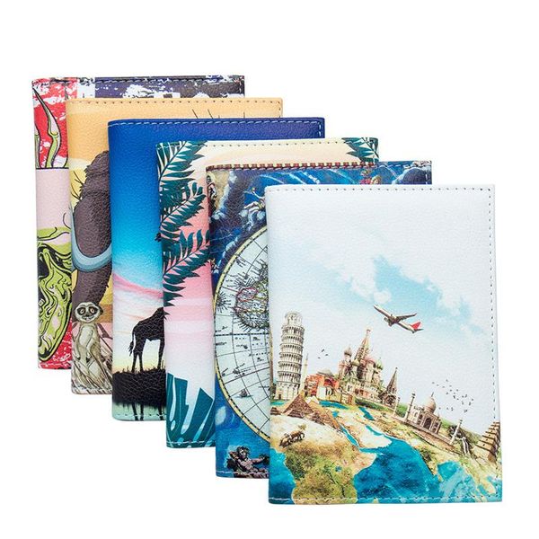 

card holders men holder passport cover landscape printing women pu leather case travel 2021, Brown;gray