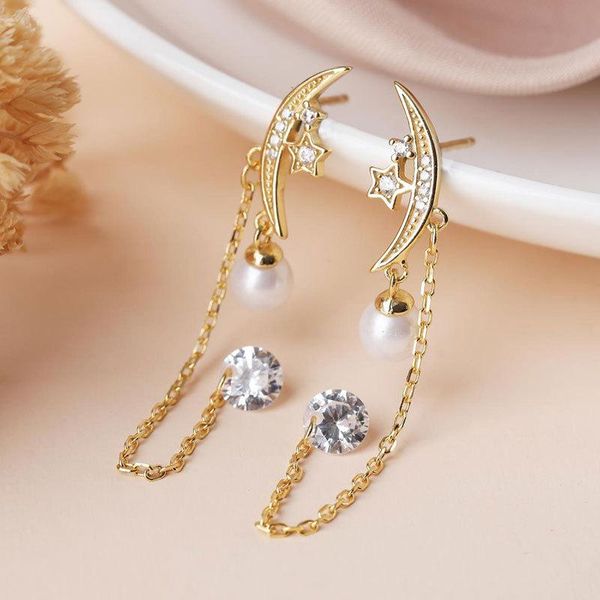 

stud yc5260e s925 silver street snap series delicacy-style tassels moon zircon earring girl's gift banquet women's jewelry earring, Golden;silver