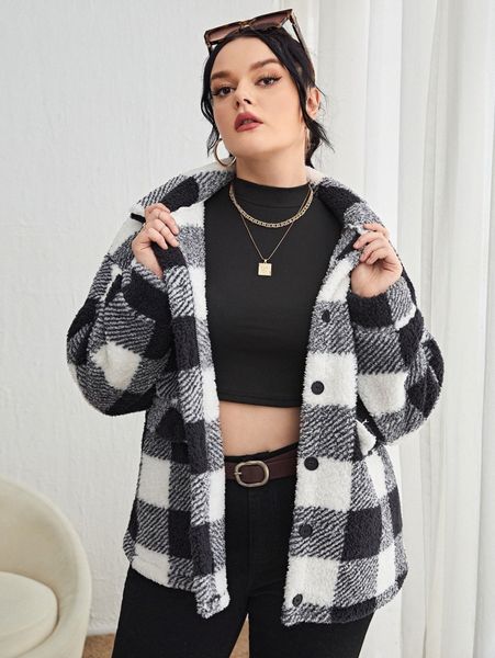 

plus gingham teddy jacket j3wp#, Black