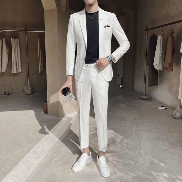 

men's suits & blazers spring summer pure white suit groom wedding banquet two sets of garments single fashion gentleman breasted man u6, White;black