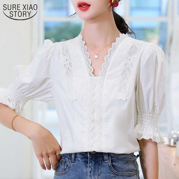 

summer blouse for women casual v-neck lace white shirts solid color puff sleeve summer womens and blouses blusas 210527