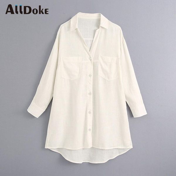

women's blouses & shirts alldoke white casual double pockets blouse women summer turn down collar long sleeve oversized shirt vintage
