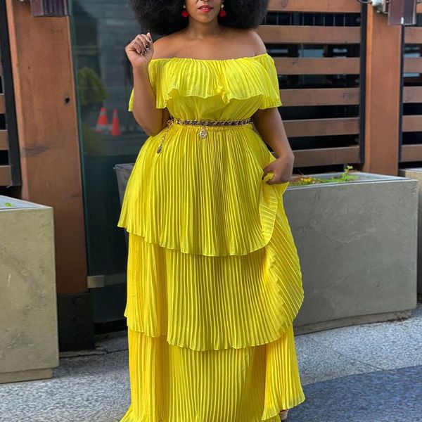 

women off shoulder cake pleated dresses summer beach plus female african vacation vestidos robes gown large size ladies 210416, Black;gray