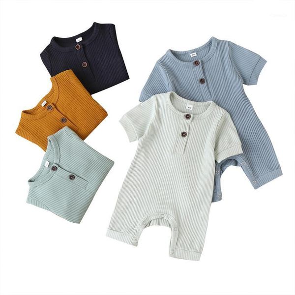 

born baby girl boy summer clothing infant solid short sleeve ribbed knitted romper jumpsuit sunsuit 0-18m jumpsuits, Blue