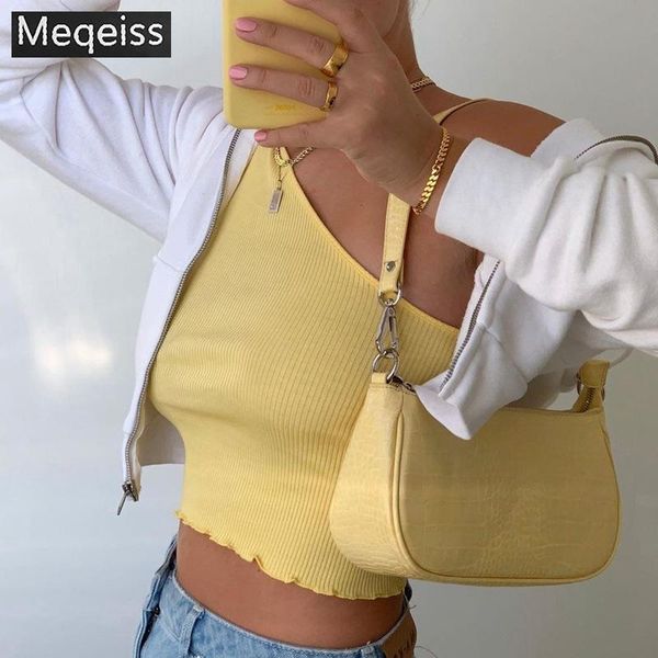 

women's tanks & camis meqeiss 2021 one shoulder ruffles fashion summer crop slim backless tee shirts cropped solid streetwear, White