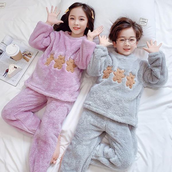 

pajamas kids flannel set for boys thicken warm long sleeve homewear winter children o-neck cartoon bear nightwear suits 2021, Blue;red