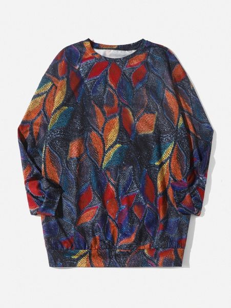 

emery rose leaf print round neck sweatshirt s7su#, White;black