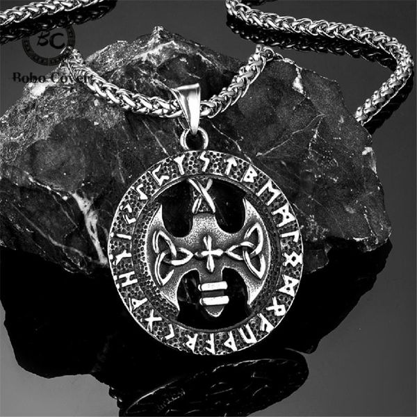 

pendant necklaces nordic runes axes necklace men viking odin hammer pagan elder vegvisir amulet stainless steel scandinavian jewelry gifts, Silver