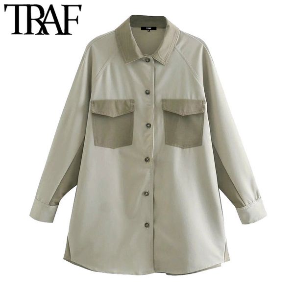 

traf women fashion with pockets patchwork oversized blouses vintage long sleeve button-up female shirts chic 210415, White
