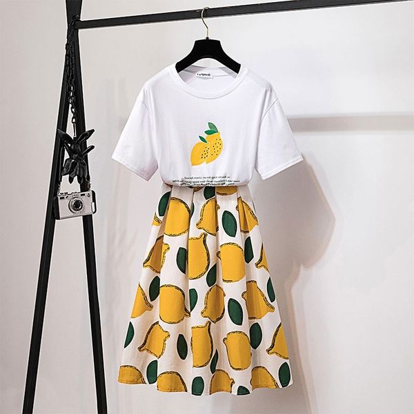 

summer women short sleeves lemon print t-shirt + a line skirt 2 pcs sets female holiday suits a1443 210428, White