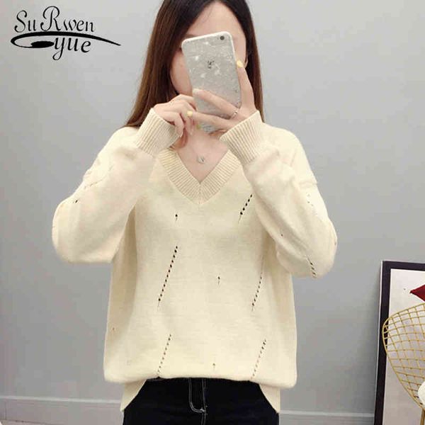 

fashion autumn knitted casual women sweater long sleeve v-neck lazy lady loose hollow 5202 50 210508, White;black