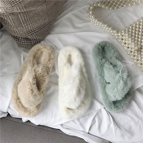 

slippers 2021 autumn winter candy color genuine mink flipflops luxury cross band muffins fur women warm cozy lazy slip-on slides, Black