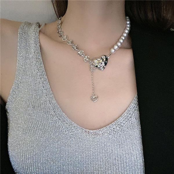 

pendant necklaces aomu 1pc design asymmetrical imitation pearl heart clavicle chain silver color metal necklace for women jewelry