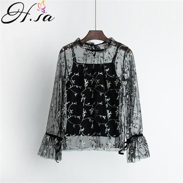 

women embroidery peplum blouse black floral transparent fashion high neck lace sheer feminino 210430, White