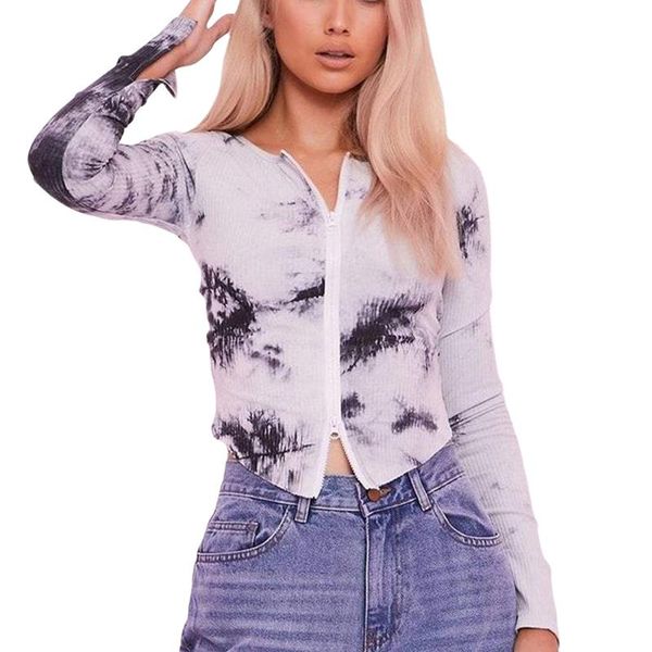 

women blouses ribbed knit thin skinny long sleeve stylish tie dye print zip front slim fit tee autumn shirts women's &, White